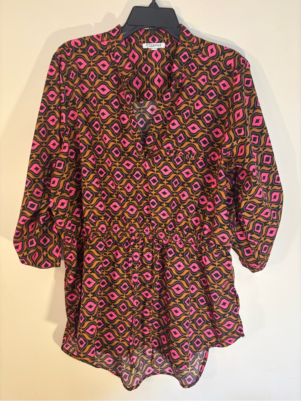 Printed Pink & Brown Women's Tunic Top with Elastic Waist